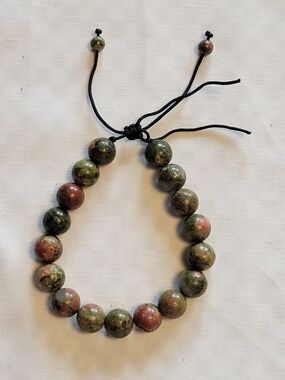 Natural Unakite Stone Adjustable Unisex Green & Pink Beaded Bracelet